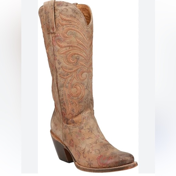Lucchese Shoes - Lucchese Tan Floral Laurelie 100 % leather Embroidered Heeled Boots 7.5